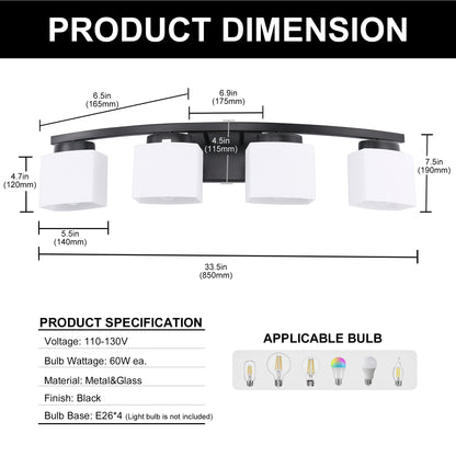 YANSUN 33.5 In. 4-Light Black Modern Square Vanity Light with Curved Arms and Milk White Glass Shades for Bathroom or Bedroom