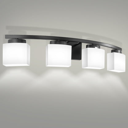33.5 in. 4-Light Black Modern Square Vanity Light for Bathroom, Bedroom with Curved Arms and Milk White Glass Shades
