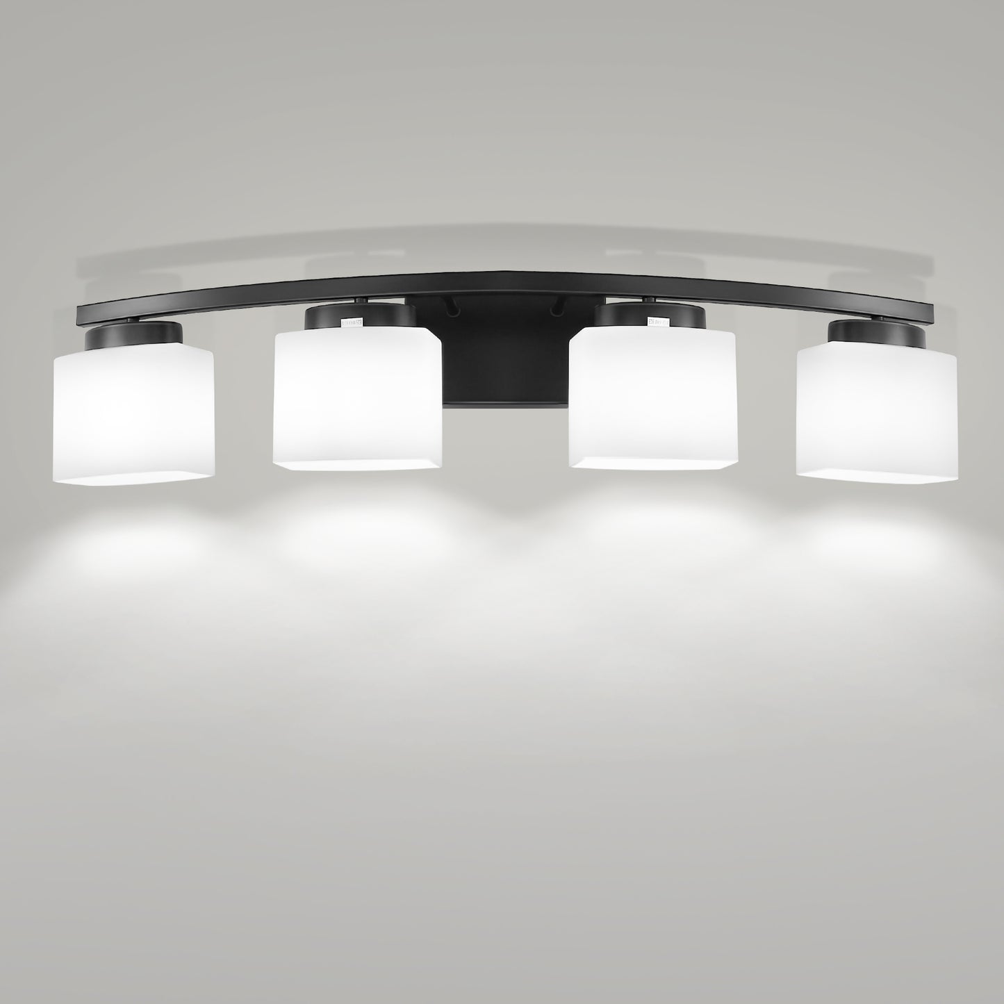 YANSUN 33.5 In. 4-Light Black Modern Square Vanity Light with Curved Arms and Milk White Glass Shades for Bathroom or Bedroom