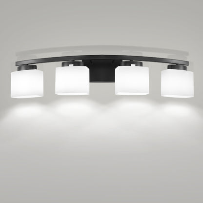 YANSUN 33.5 In. 4-Light Black Modern Square Vanity Light with Curved Arms and Milk White Glass Shades for Bathroom or Bedroom