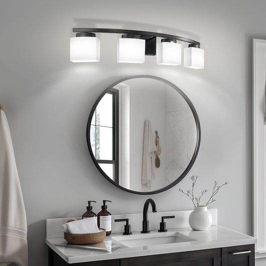 YANSUN 33.5 In. 4-Light Black Modern Square Vanity Light with Curved Arms and Milk White Glass Shades for Bathroom or Bedroom