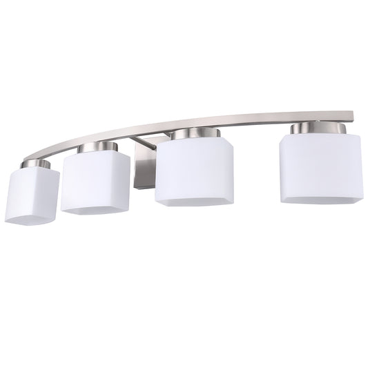 YANSUN 34 in. 4-Light Nickel Modern Square Vanity Light with Curved Arm and White Glass Shade for Powder Room Dressing Room