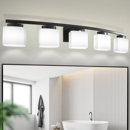 YANSUN 41 in. 5-Light Matte Black Modern Industrial Square Vanity Light for Bathroom with Curved Arms and Milk White Shades