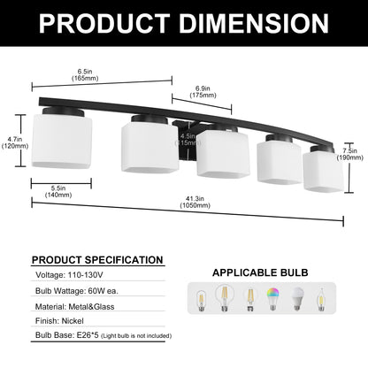 YANSUN 41 in. 5-Light Matte Black Modern Industrial Square Vanity Light for Bathroom with Curved Arms and Milk White Shades