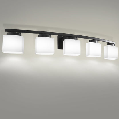 41 in. 5-Light Matte Black Modern Industrial Square Vanity Light for Bathroom with Curved Arms and Milk White Shades
