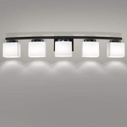 41 in. 5-Light Matte Black Modern Industrial Square Vanity Light for Bathroom with Curved Arms and Milk White Shades