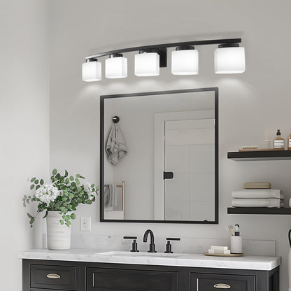YANSUN 41 in. 5-Light Matte Black Modern Industrial Square Vanity Light for Bathroom with Curved Arms and Milk White Shades