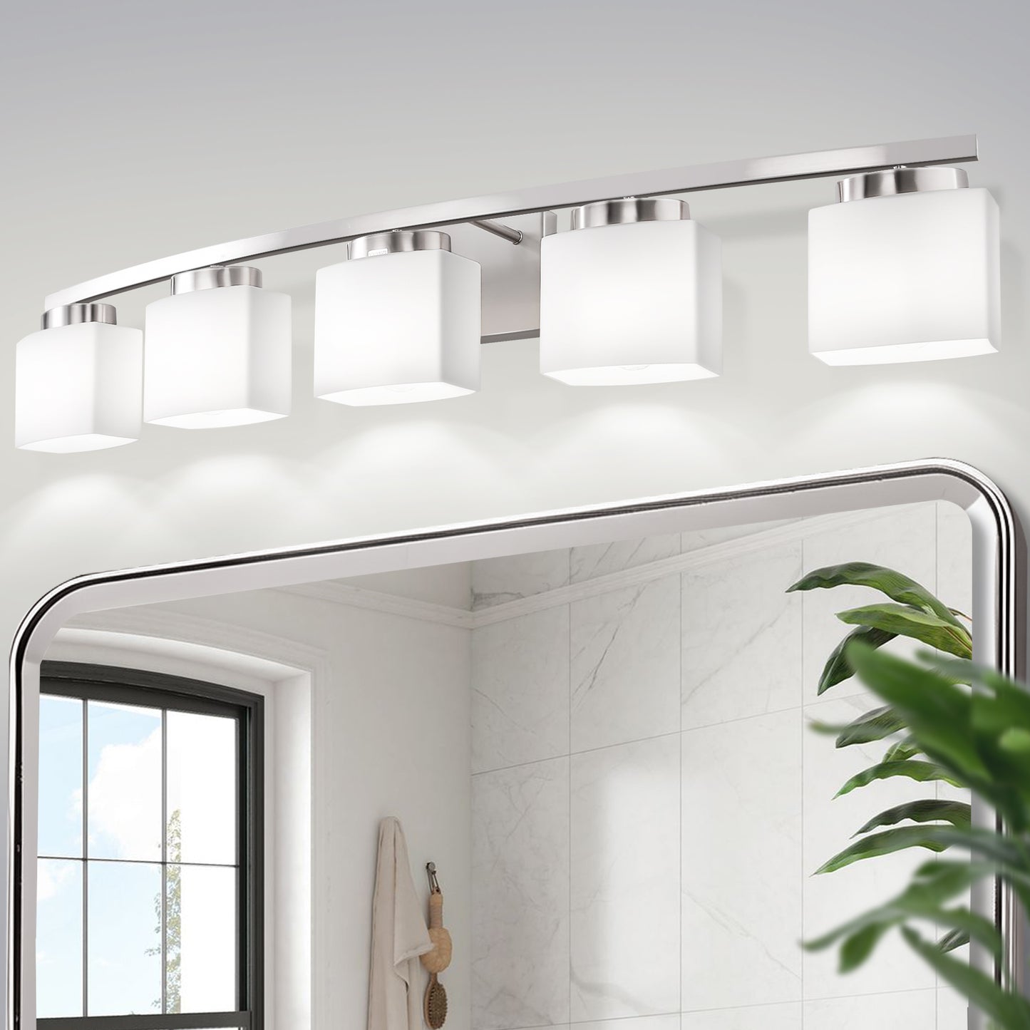 YANSUN 5-Light Nickel Curved Vanity Light with Milk Glass Shades, Non-Integrated Fixture, E26 Socket, Bathroom & Dressing Room Lighting