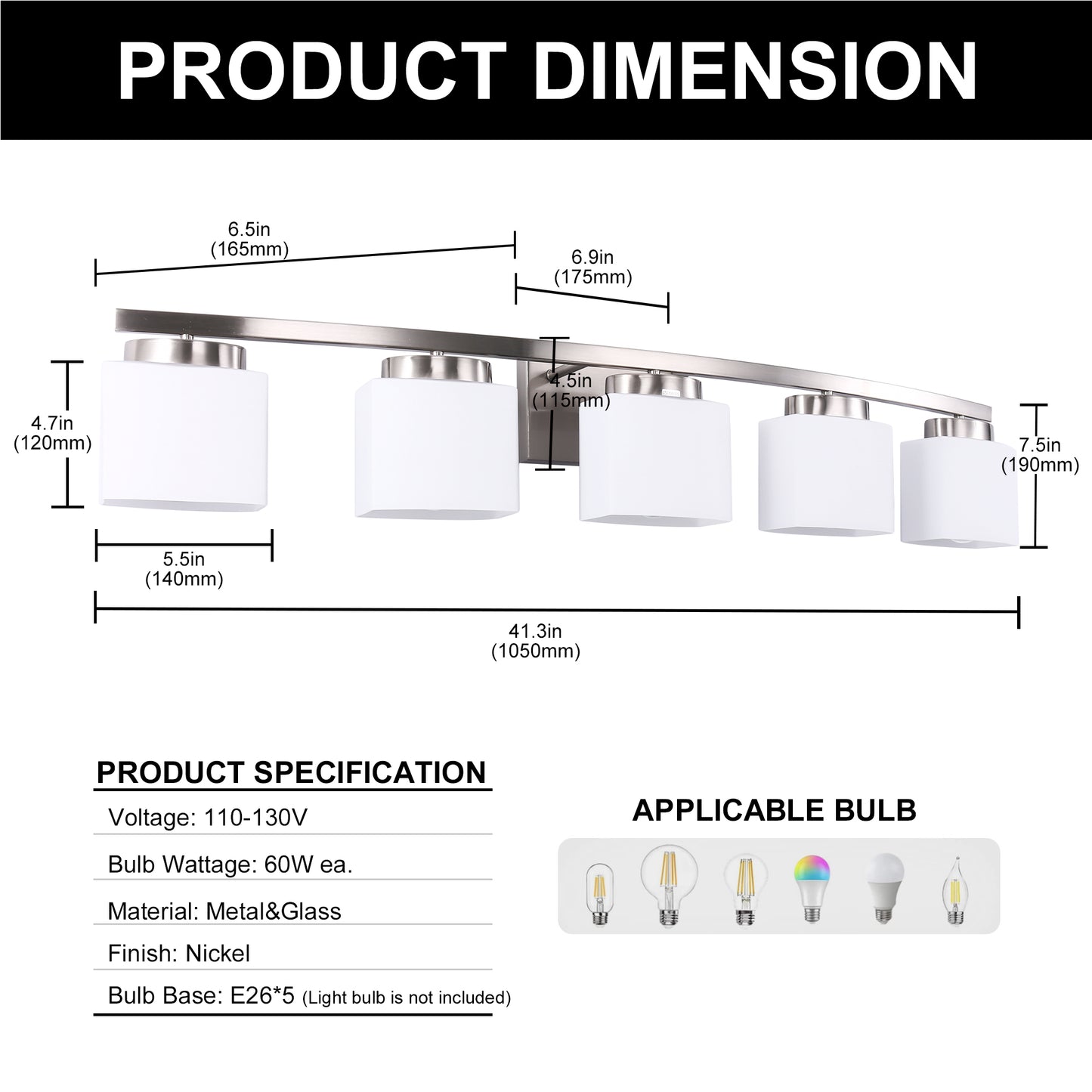 YANSUN 5-Light Nickel Curved Vanity Light with Milk Glass Shades, Non-Integrated Fixture, E26 Socket, Bathroom & Dressing Room Lighting