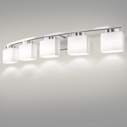 41 in. 5-Light Nickel Modern Square Vanity Light for Bathroom, Bedroom with Curved Arms and Milk White Glass Shades