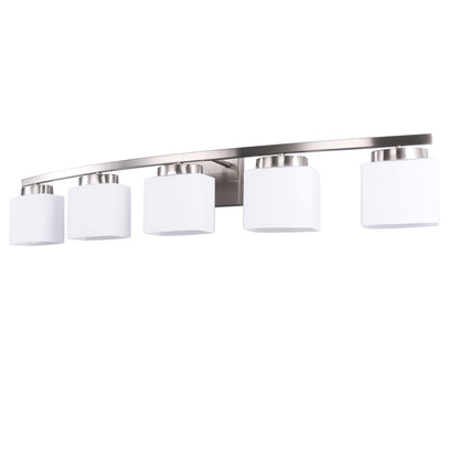 41 in. 5-Light Nickel Modern Square Vanity Light for Bathroom, Bedroom with Curved Arms and Milk White Glass Shades