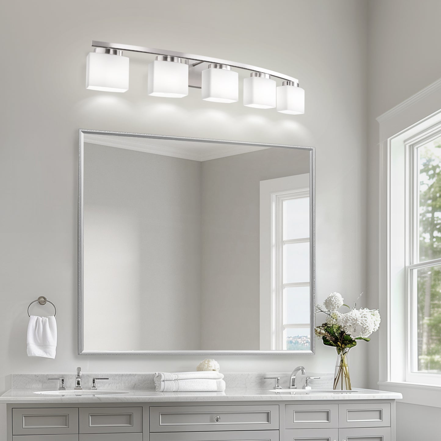YANSUN 5-Light Vanity Light Brushed Nickel Curved Arm Bathroom Fixture with Frosted White Shades E26 Base Bulb Not Included