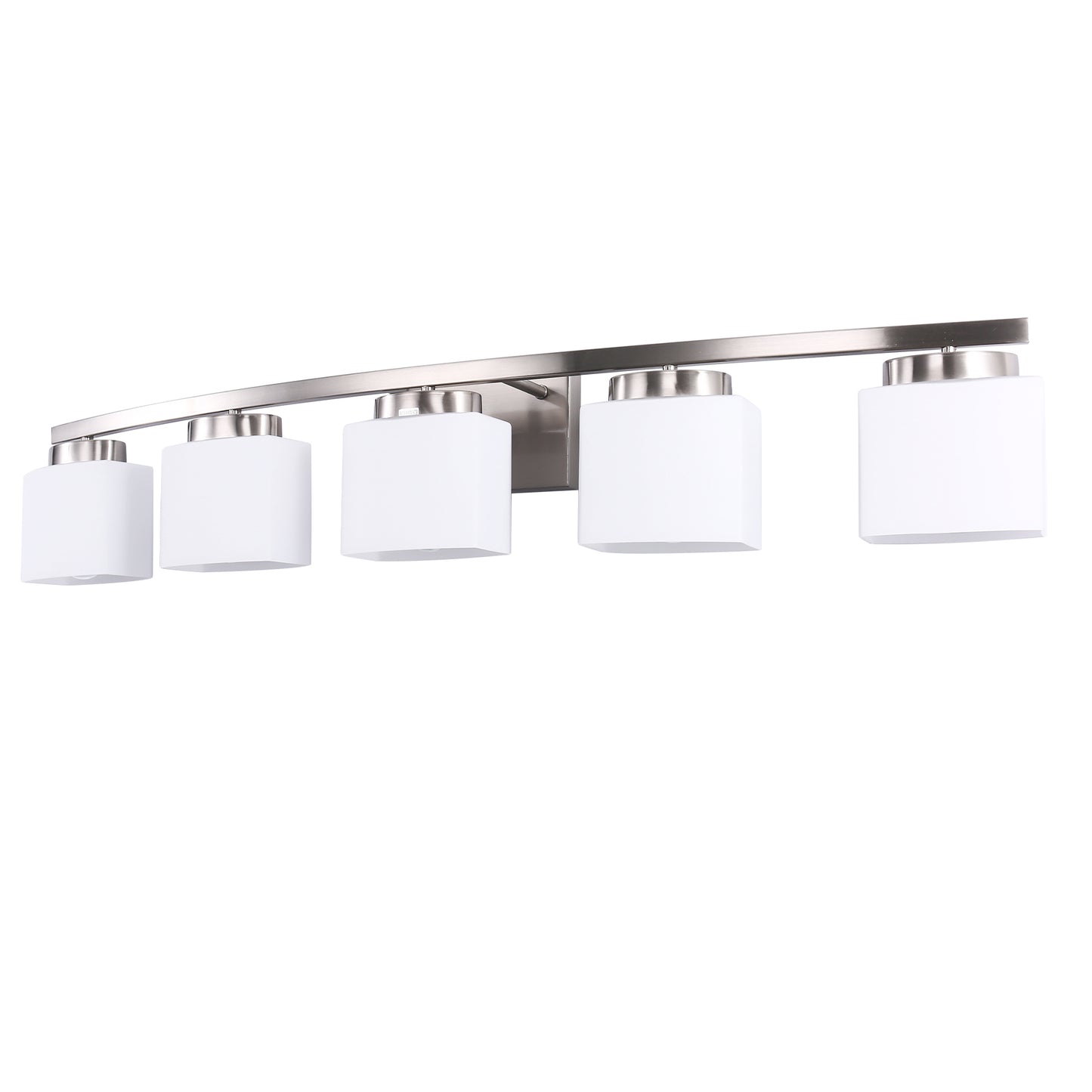 YANSUN 5-Light Nickel Curved Vanity Light with Milk Glass Shades, Non-Integrated Fixture, E26 Socket, Bathroom & Dressing Room Lighting