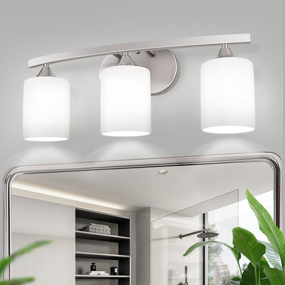 22 in. 3 Light Nickel Modern Cylinder Vanity Light for Bathroom, Bedroom with Curved Arms and Milk White Glass Shades