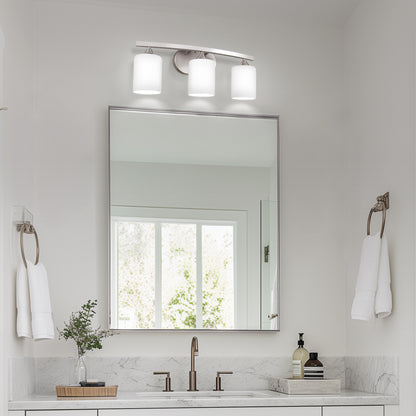 22 in. 3 Light Nickel Modern Cylinder Vanity Light for Bathroom, Bedroom with Curved Arms and Milk White Glass Shades