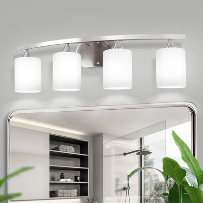 28 in. 4-Light Nickel Modern Cylinder Vanity Light for Bathroom, Bedroom with Curved Arms and Milk White Glass Shades