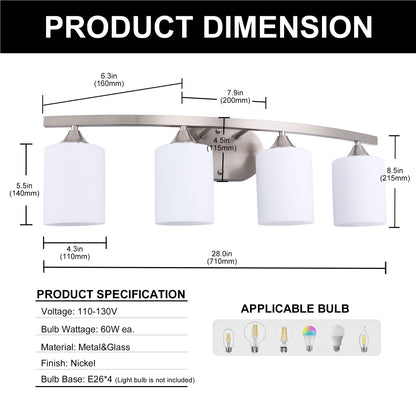 28 in. 4-Light Nickel Modern Cylinder Vanity Light for Bathroom, Bedroom with Curved Arms and Milk White Glass Shades
