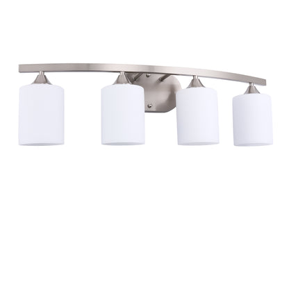 28 in. 4-Light Nickel Modern Cylinder Vanity Light for Bathroom, Bedroom with Curved Arms and Milk White Glass Shades