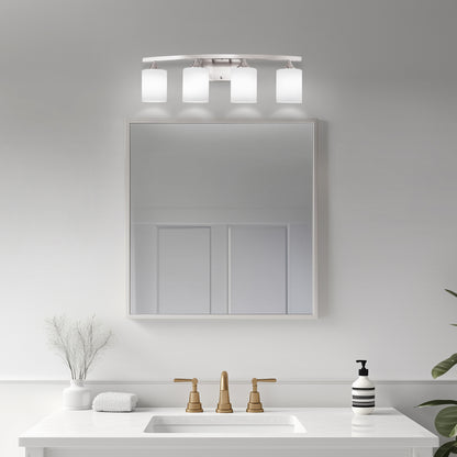 28 in. 4-Light Nickel Modern Cylinder Vanity Light for Bathroom, Bedroom with Curved Arms and Milk White Glass Shades