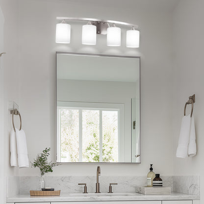 28 in. 4-Light Nickel Modern Cylinder Vanity Light for Bathroom, Bedroom with Curved Arms and Milk White Glass Shades