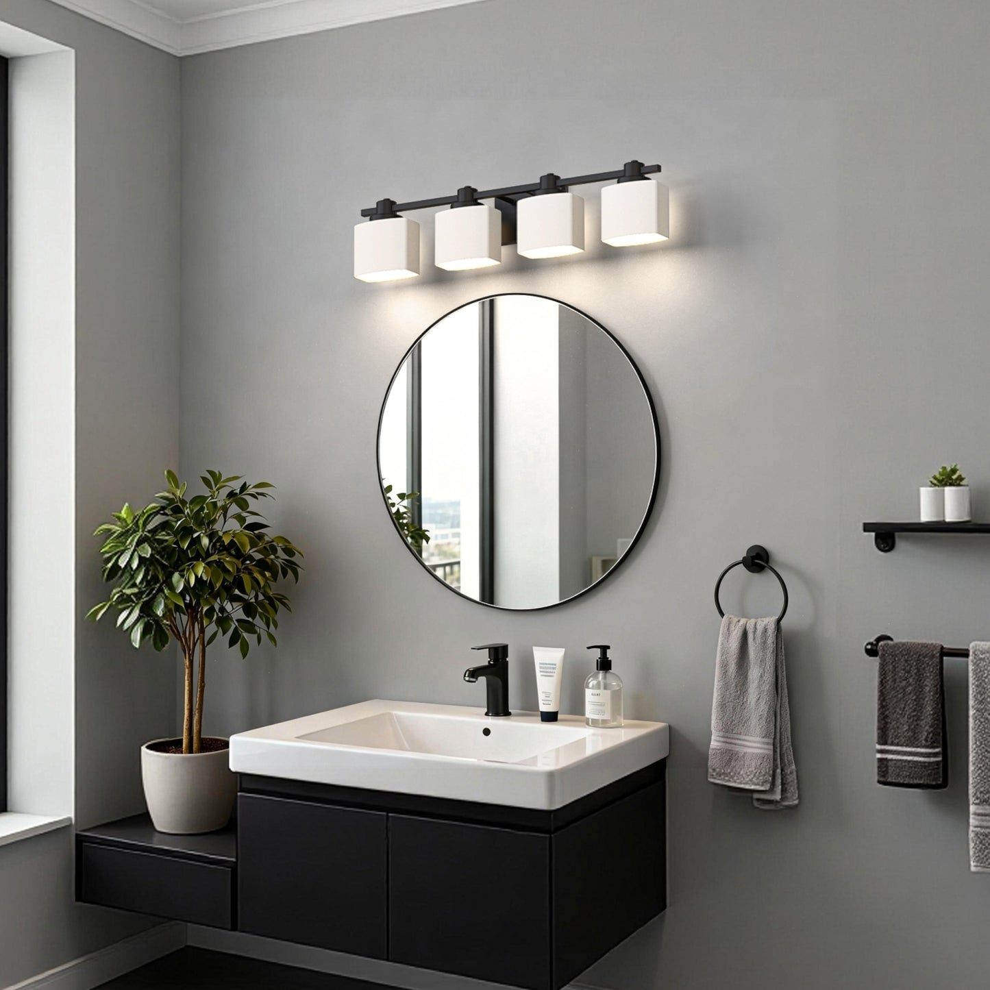 YANSUN 4-Light Vanity Mirror Light with Hand-Blown Opal Glass, Matte Black Finish, 30.7-Inch Length, Traditional Design