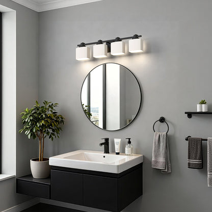 YANSUN 4-Light Vanity Mirror Light with Hand-Blown Opal Glass, Matte Black Finish, 30.7-Inch Length, Traditional Design