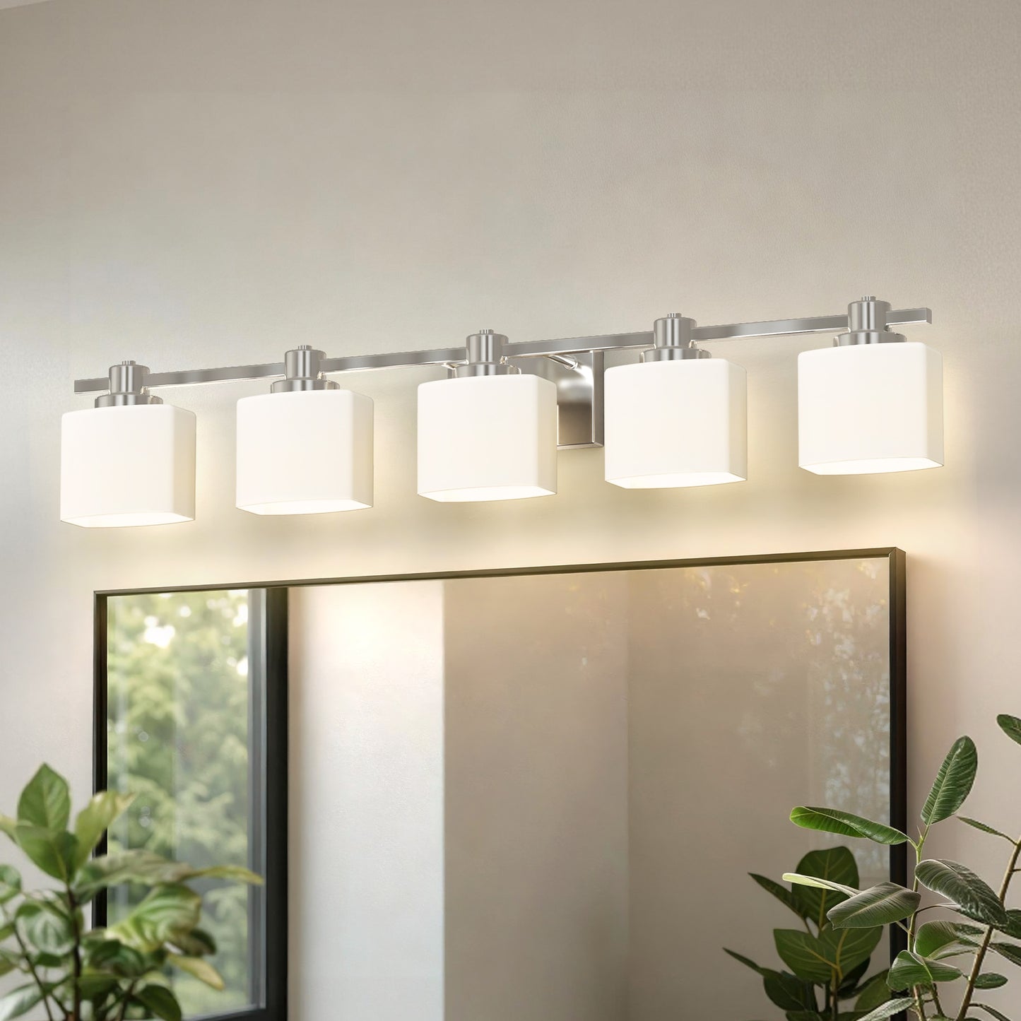 YANSUN 5-Light Vanity Mirror Light with Hand-Blown Opal Glass, Chrome Finish, 30.7-Inch Length, Traditional Elegance