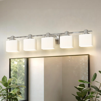 YANSUN 5-Light Vanity Mirror Light with Hand-Blown Opal Glass, Chrome Finish, 30.7-Inch Length, Traditional Elegance