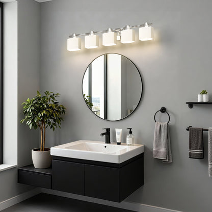 YANSUN 5-Light Vanity Mirror Light with Hand-Blown Opal Glass, Chrome Finish, 30.7-Inch Length, Traditional Elegance