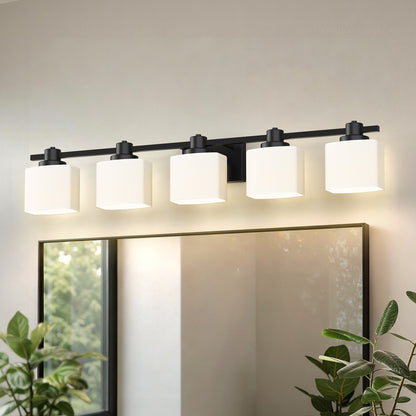 YANSUN 5-Light Vanity Mirror Light with Hand-Blown Opal Glass, Matte Black Finish, 30.7-Inch Length, Modern Traditional