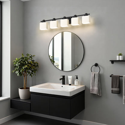 YANSUN 5-Light Vanity Mirror Light with Hand-Blown Opal Glass, Matte Black Finish, 30.7-Inch Length, Modern Traditional