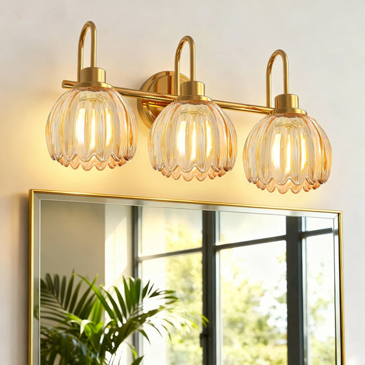 YANSUN 3-Light Vanity Mirror Light with Amber Tulip Glass Shades, Brushed Copper Finish, 19.4-Inch Length, Traditional