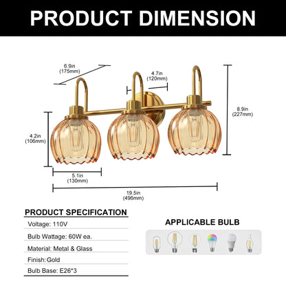 YANSUN 3-Light Vanity Mirror Light with Amber Tulip Glass Shades, Brushed Copper Finish, 19.4-Inch Length, Traditional