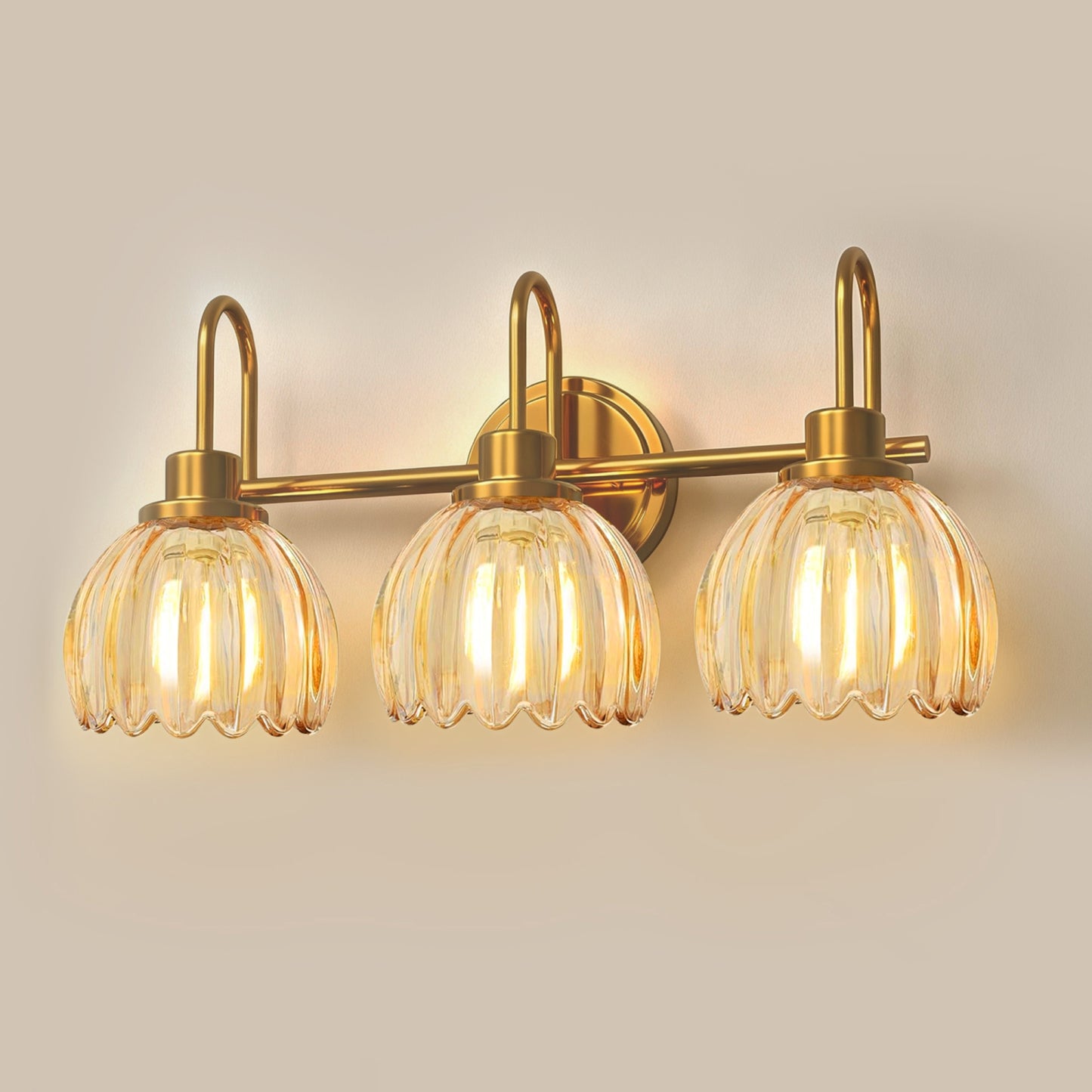 YANSUN 3-Light Vanity Mirror Light with Amber Tulip Glass Shades, Brushed Copper Finish, 19.4-Inch Length, Traditional