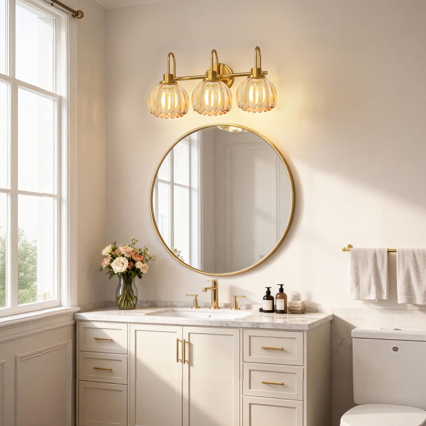 YANSUN 3-Light Vanity Mirror Light with Amber Tulip Glass Shades, Brushed Copper Finish, 19.4-Inch Length, Traditional
