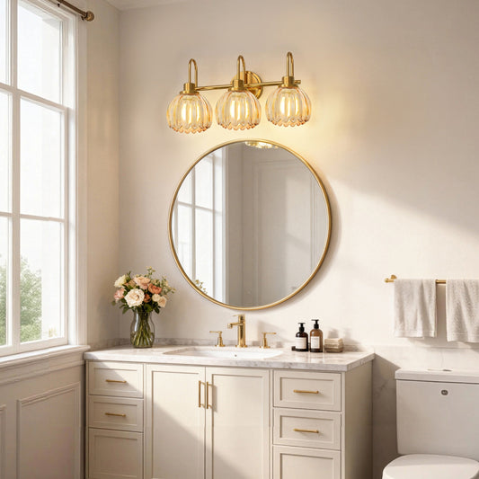 YANSUN 3-Light Vanity Mirror Light with Amber Tulip Glass Shades, Brushed Copper Finish, 19.4-Inch Length, Traditional