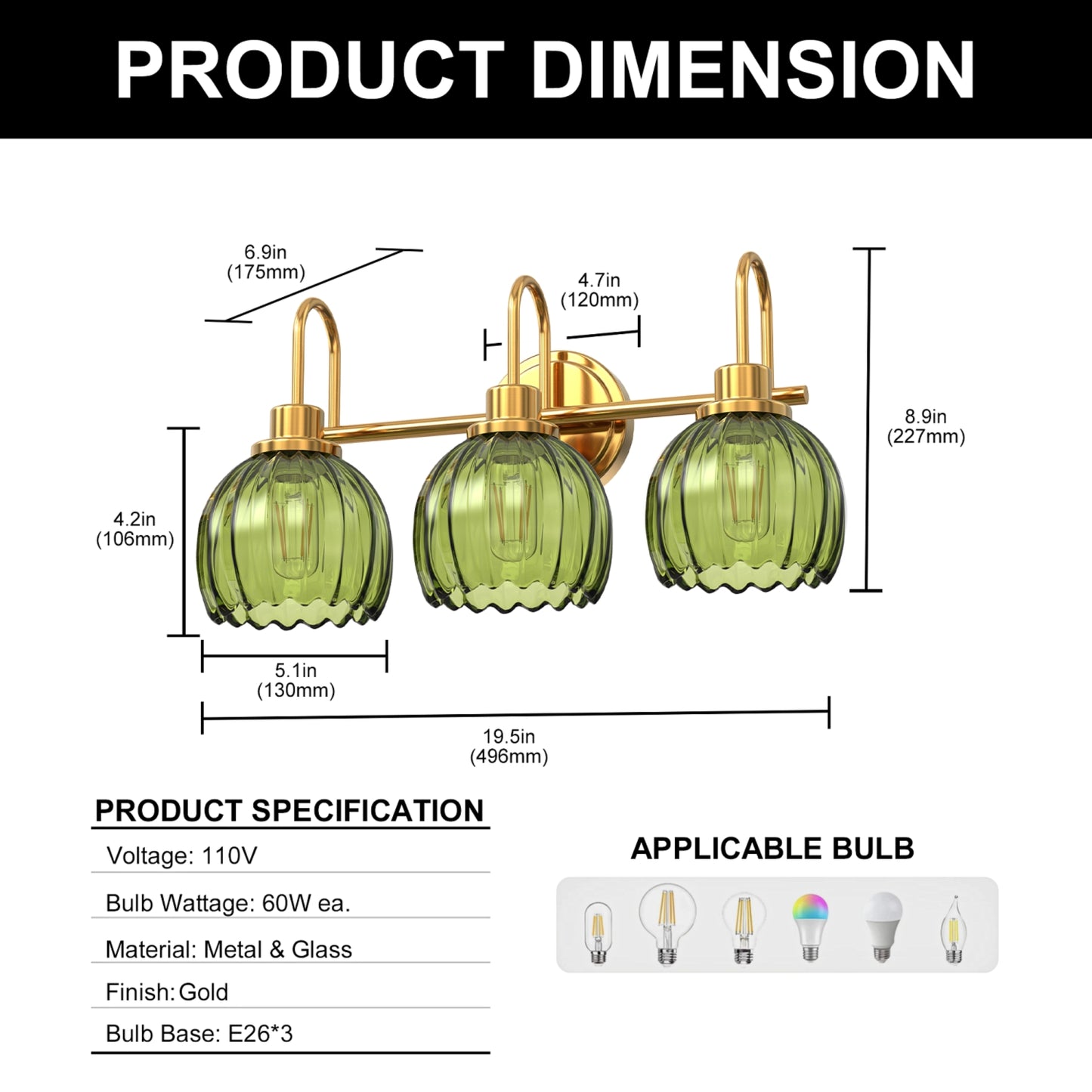 YANSUN 3-Light Vanity Mirror Light with Green Tulip Glass Shades, Brushed Copper Finish, 19.4-Inch Length, Traditional