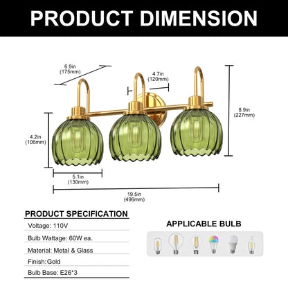 YANSUN 3-Light Vanity Mirror Light with Green Tulip Glass Shades, Brushed Copper Finish, 19.4-Inch Length, Traditional
