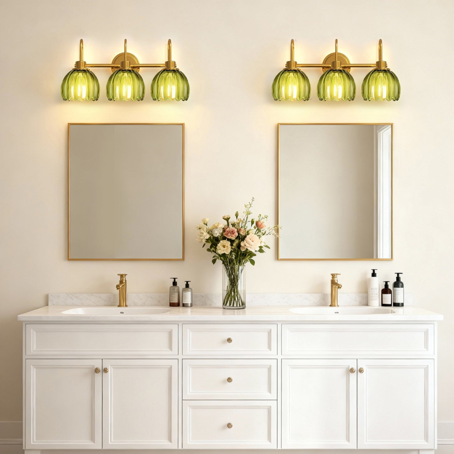 YANSUN 3-Light Vanity Mirror Light with Green Tulip Glass Shades, Brushed Copper Finish, 19.4-Inch Length, Traditional