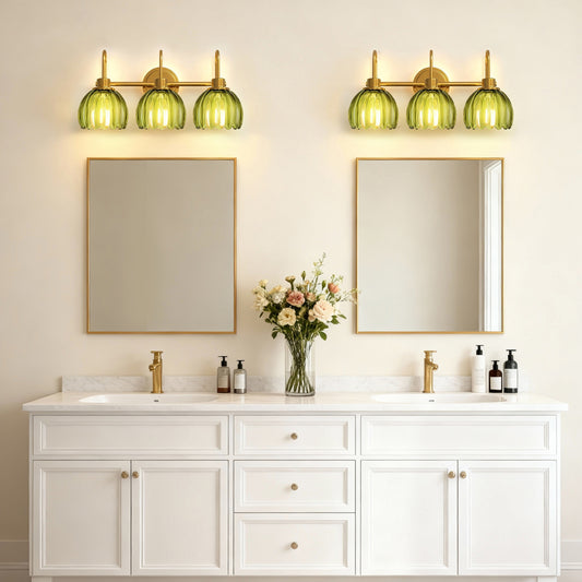 YANSUN 3-Light Vanity Mirror Light with Green Tulip Glass Shades, Brushed Copper Finish, 19.4-Inch Length, Traditional