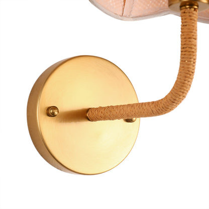 YANSUN Set of 2 Boho Wall Sconces with Rattan Woven Shade 7.9in Brass Indoor Wall Lights E26 for Bedroom Hallway Living Room
