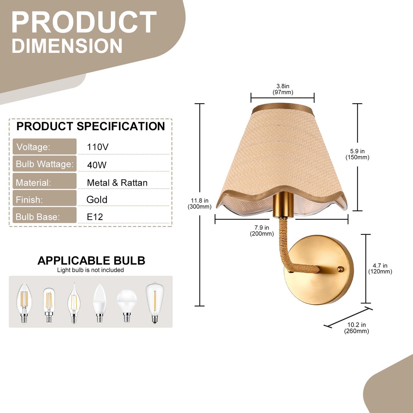 YANSUN Set of 2 Boho Wall Sconces with Rattan Woven Shade 7.9in Brass Indoor Wall Lights E26 for Bedroom Hallway Living Room