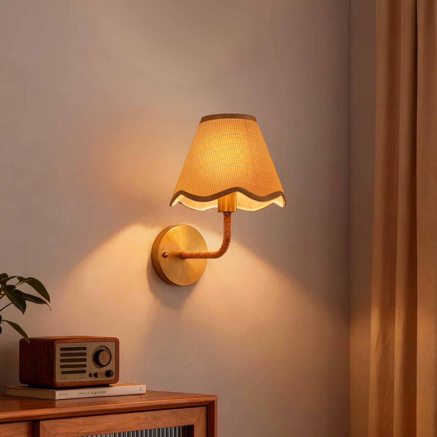 YANSUN Rattan Shade Wall Sconce with Paper-Wrapped Cord, Brushed Copper Finish, Farmhouse Style, 7.9-Inch Size