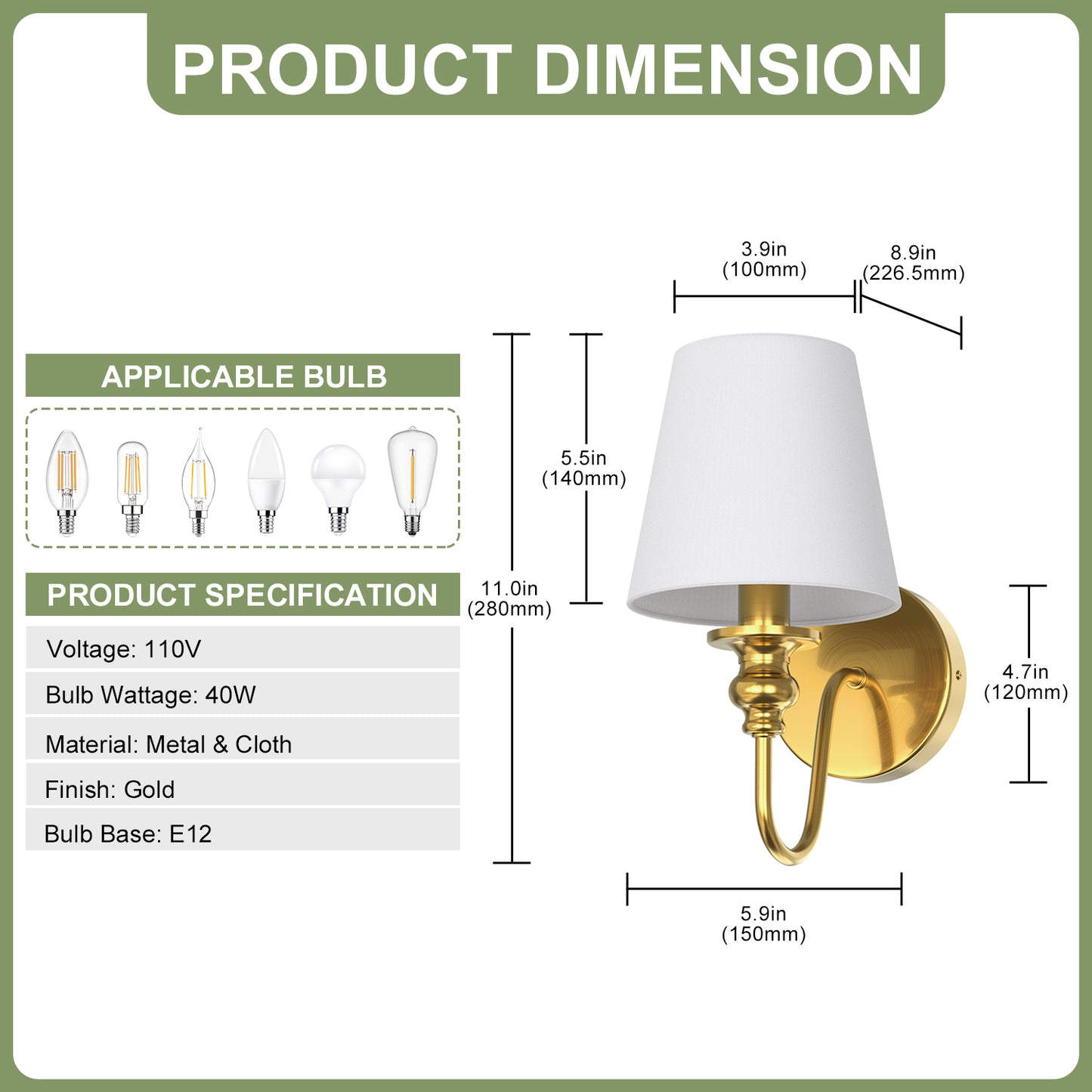 YANSUN 2-Pack 5.9 in. Indoor Wall Sconce Metal Horn with White Linen Shade Traditional E12 Base Non-Integrated Light