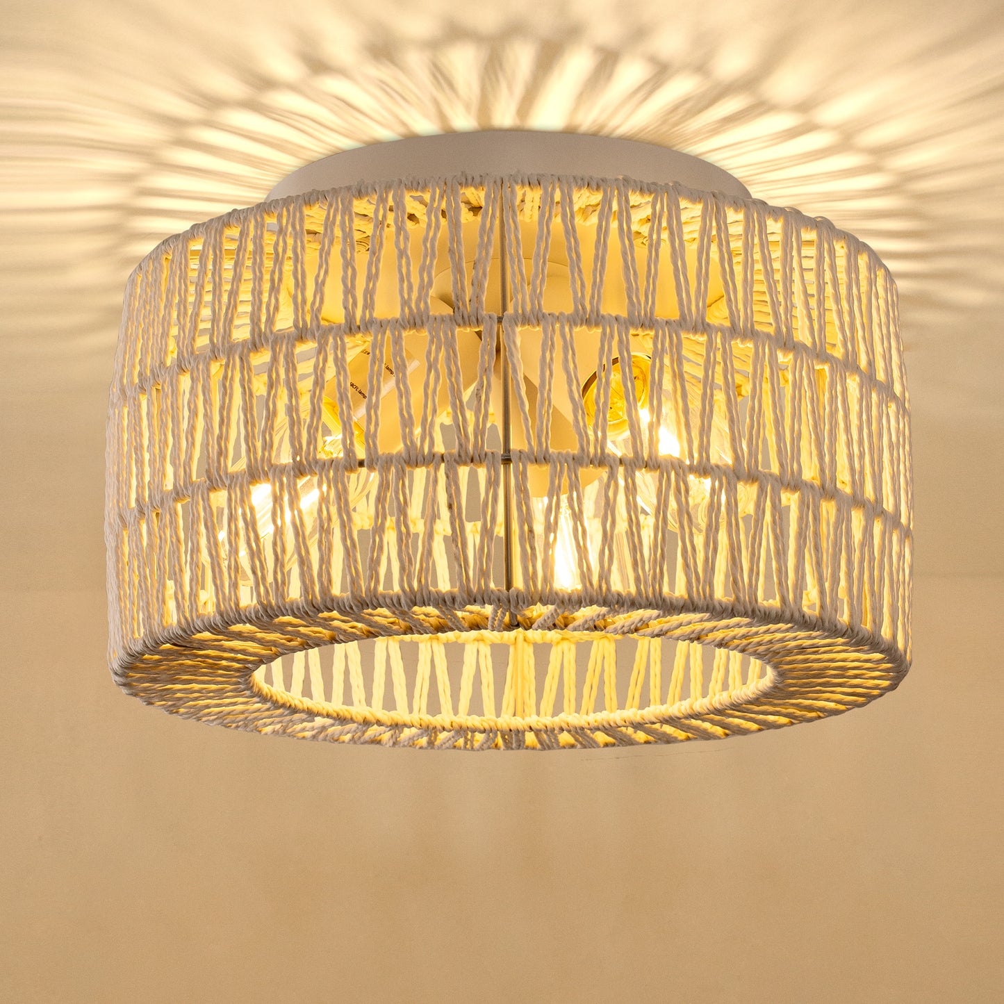 11.8 in. 3-Light White Rattan Flush Mount Ceiling Light for Hallway, Bedroom or Living Room
