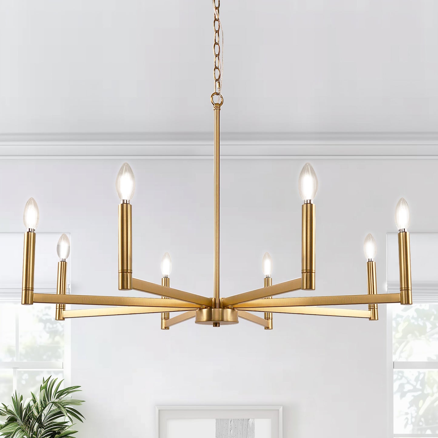 YANSUN 8-Light Brass Chandelier Modern Candle Style Ceiling Light Fixture E12 Hanging Chandelier for Dining Room Living Room Entryway