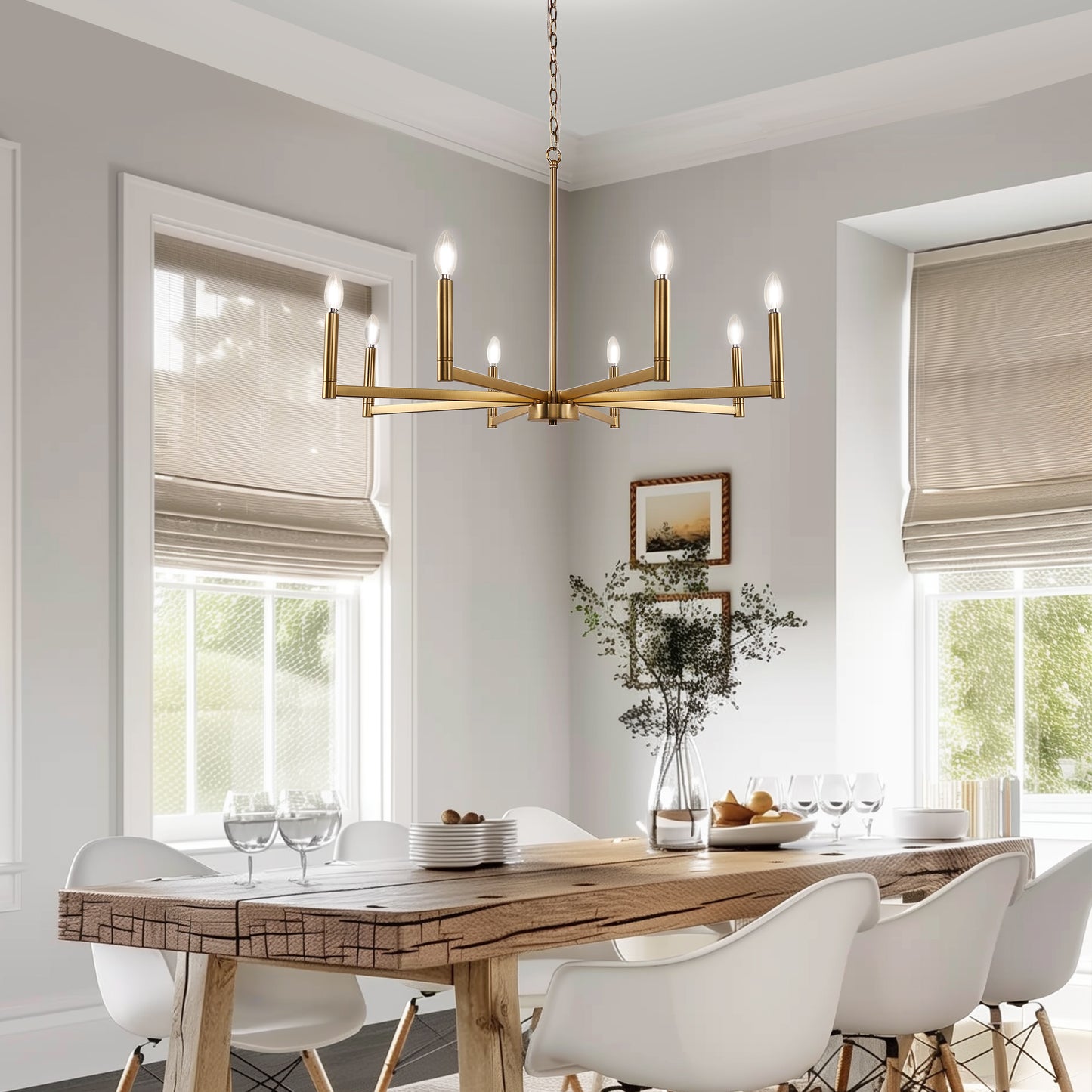 YANSUN 8-Light Brass Chandelier Modern Candle Style Ceiling Light Fixture E12 Hanging Chandelier for Dining Room Living Room Entryway