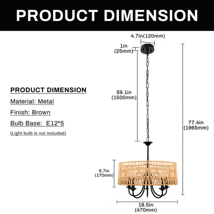 YANSUN 5-Light Matte Black Woven Branch Chandelier Rustic Farmhouse Pendant Light E12