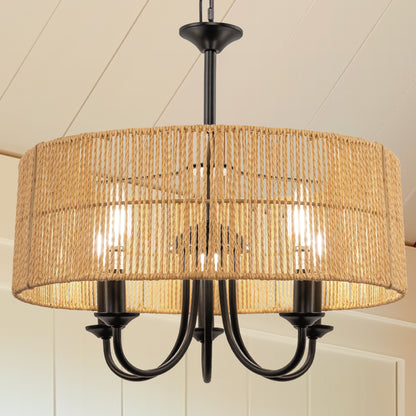 5-Light Hand Woven Rattan Pendant Light, Boho Large Farmhouse Chandelier Rattan Shade for Living Room