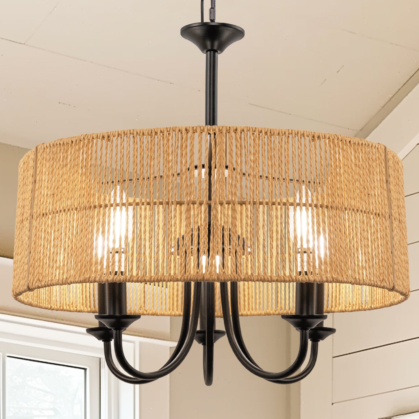 5-Light Hand Woven Rattan Pendant Light, Boho Large Farmhouse Chandelier Rattan Shade for Living Room